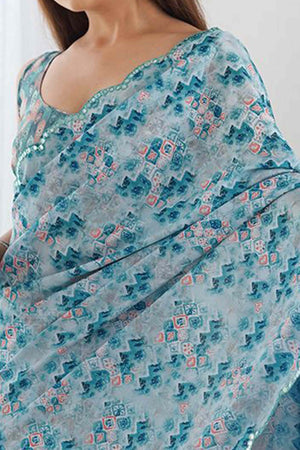 Light Blue Geometric Digital Print Georgette Saree Enhanced With A Sparkling Lace Border