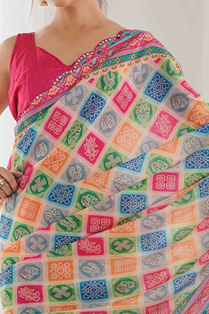 Multicolor Digital Print Georgette Saree Enhanced With A Sparkling Lace Border