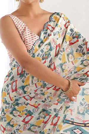 Offwhite Digital Print Georgette Saree Enhanced With A Sparkling Lace Border