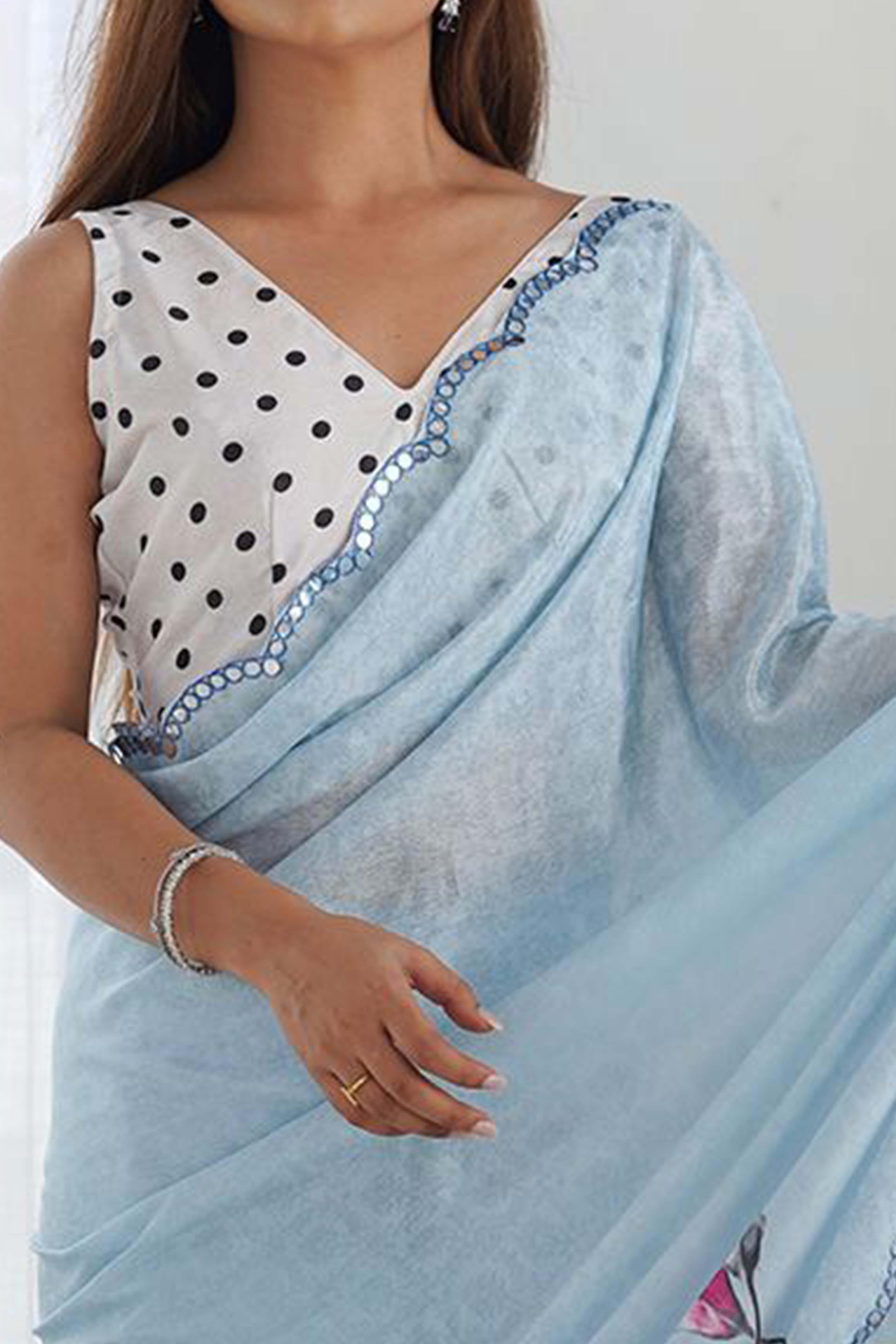 Pastel Sky Blue Floral Digital Print Georgette Saree Enhanced With A Sparkling Lace Border