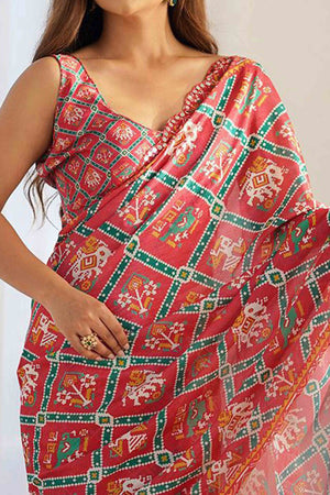 Red Digital Print Georgette Saree Enhanced With A Sparkling Lace Border