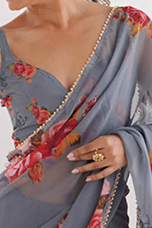 Partywear Grey Georgette Saree with Floral Prints and Bead Work Lace
