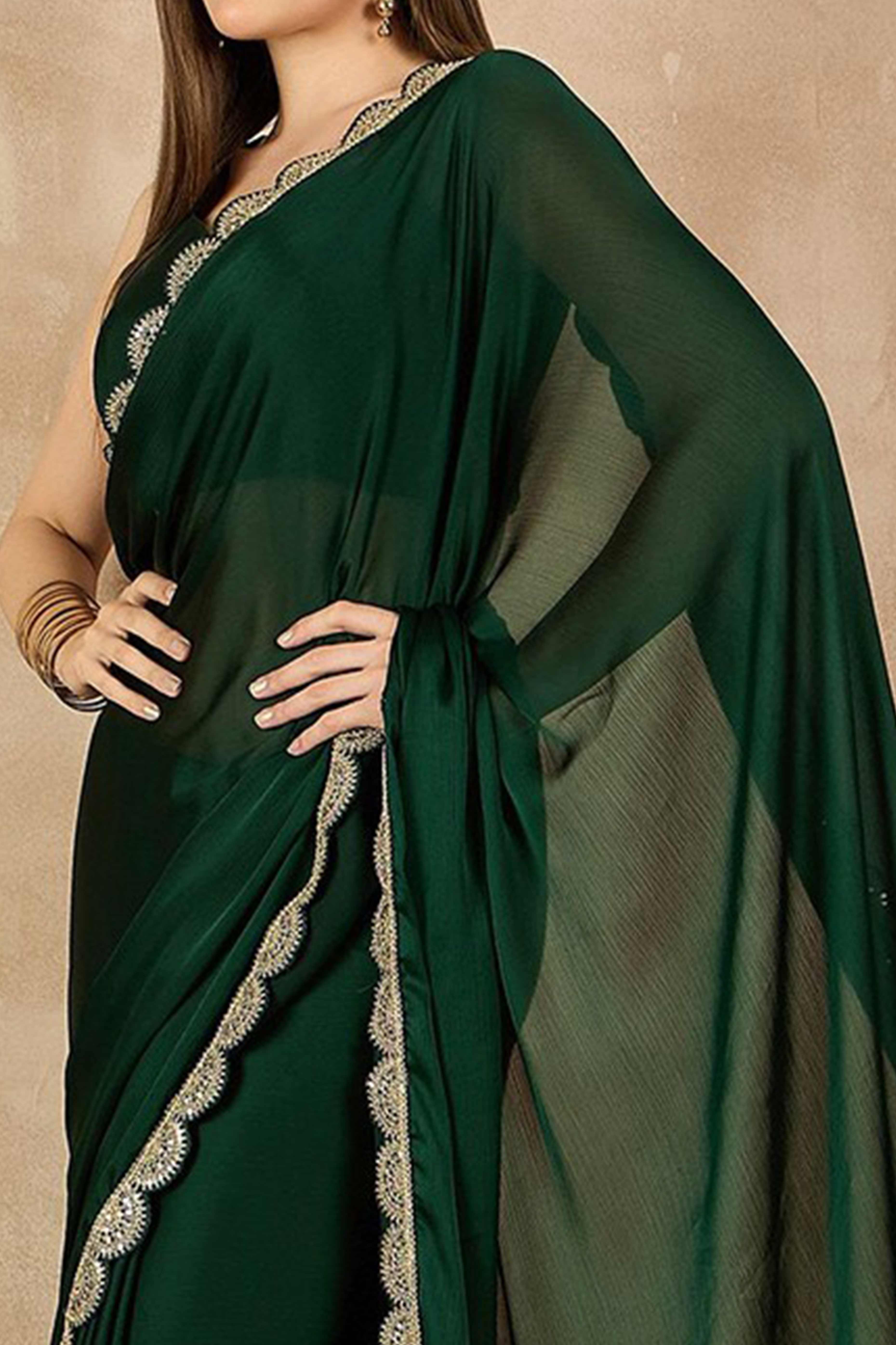 Green Solid Chiffon Saree With Sequins Embroidered Border