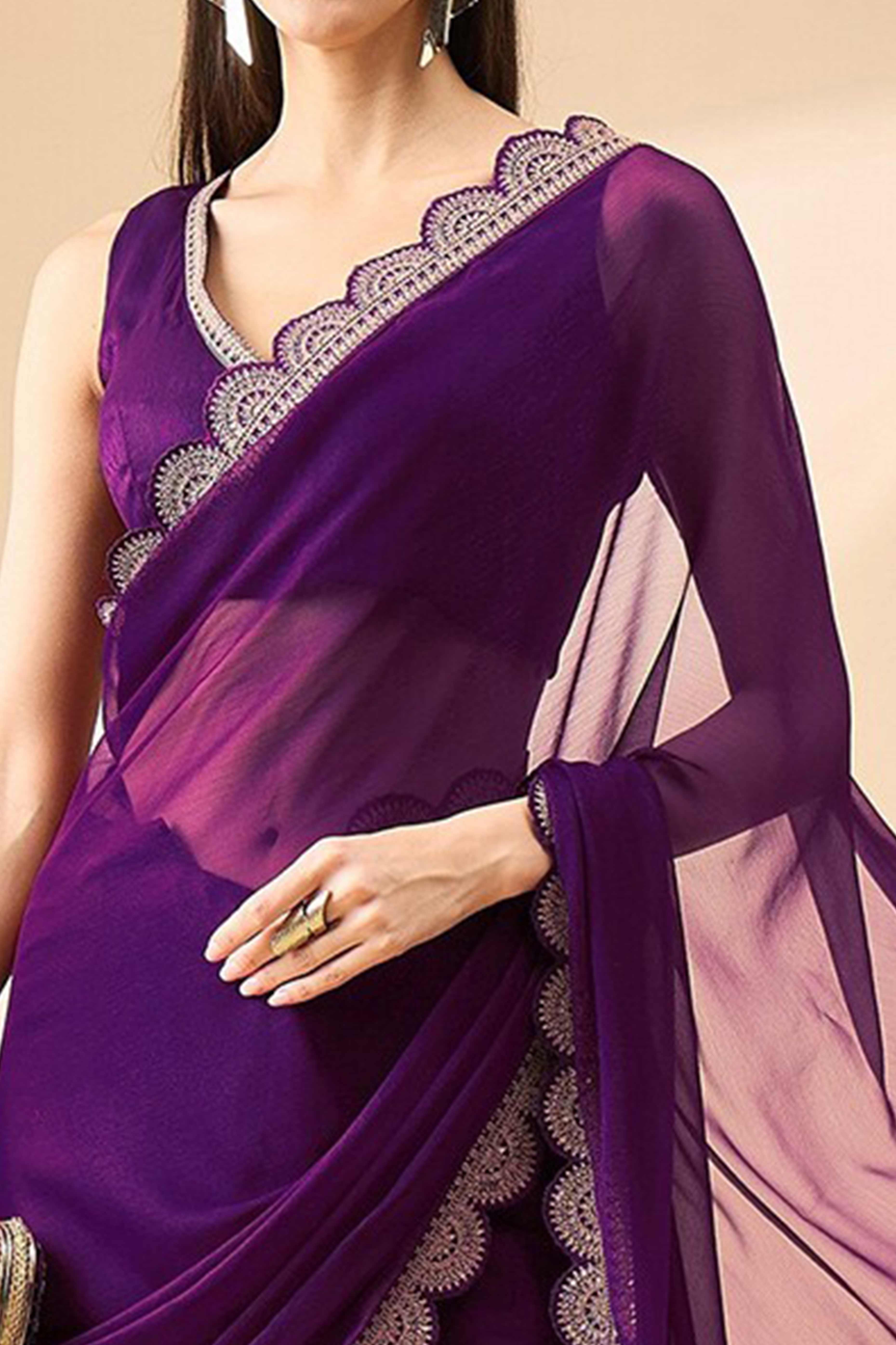 Purple Solid Chiffon Saree With Sequins Embroidered Border