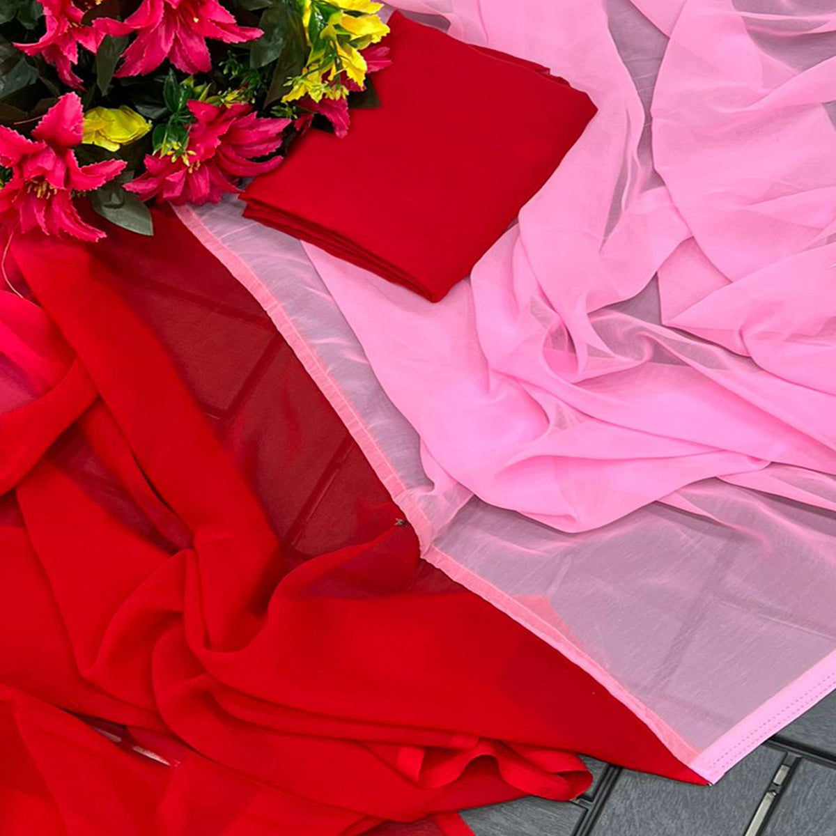 Pink & Red Solid Georgette Half & Half Saree
