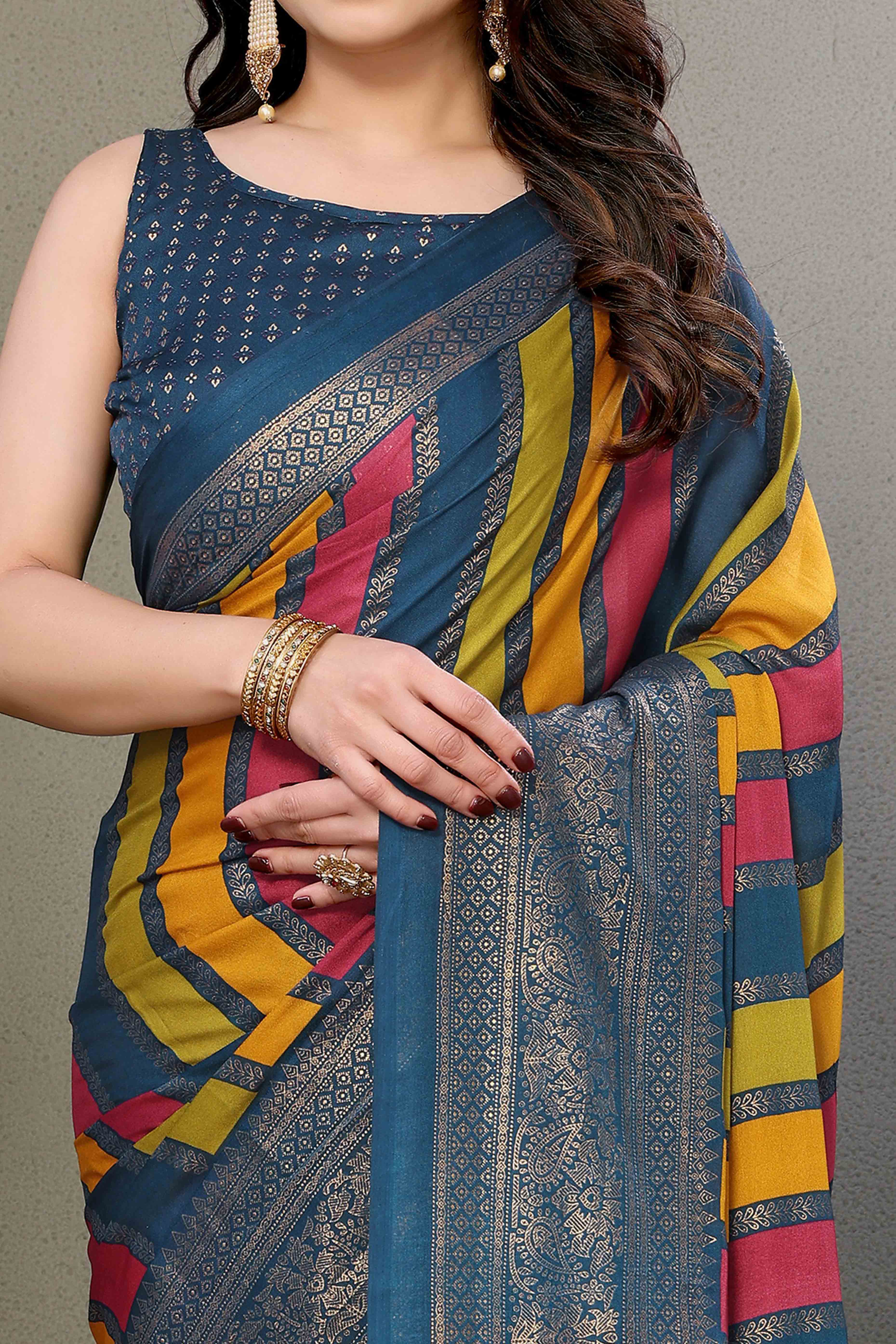 Morpich Striped Foil Printed Moss Satin Saree Saree With Tassels