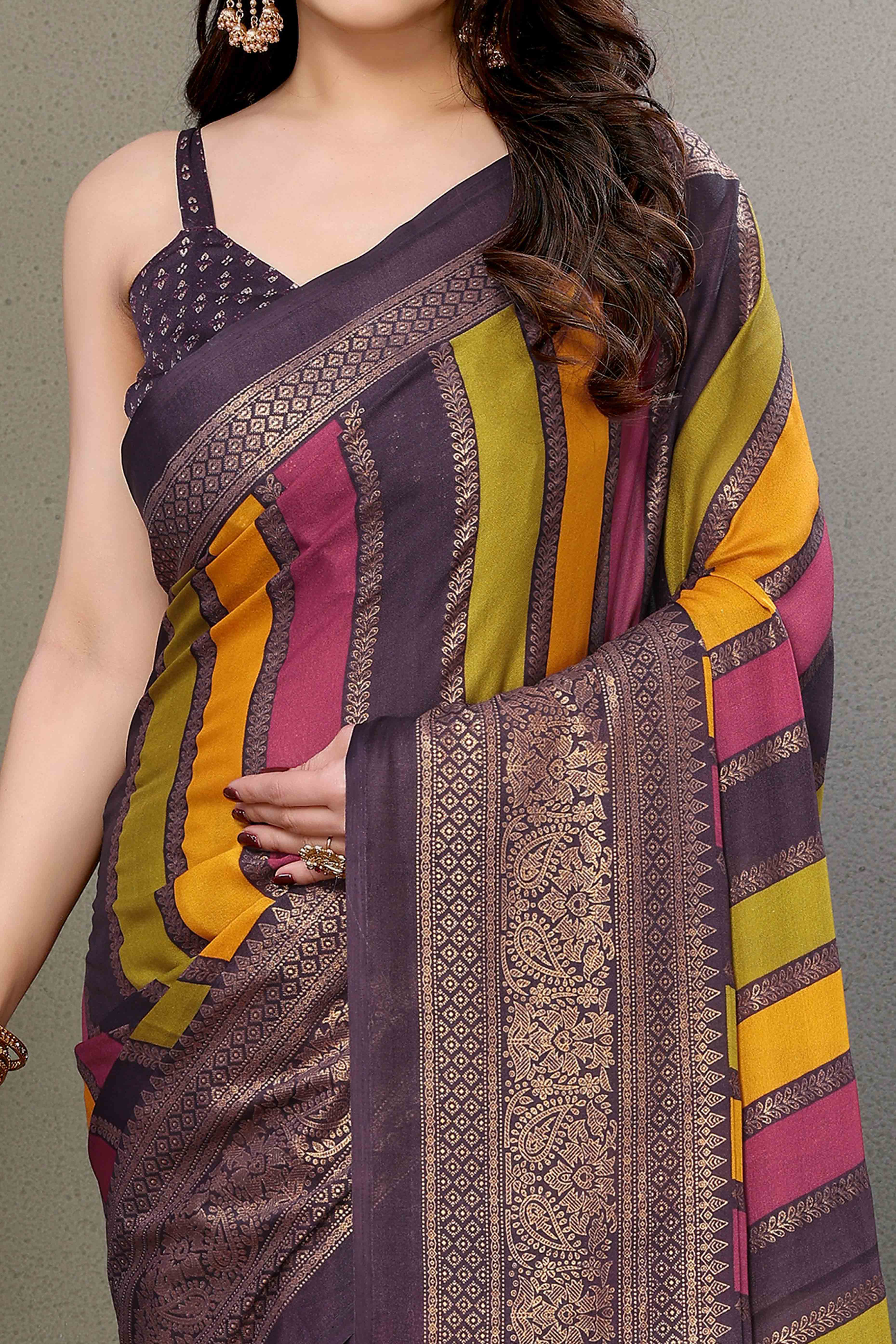 Wine Striped Foil Printed Moss Satin Saree Saree With Tassels