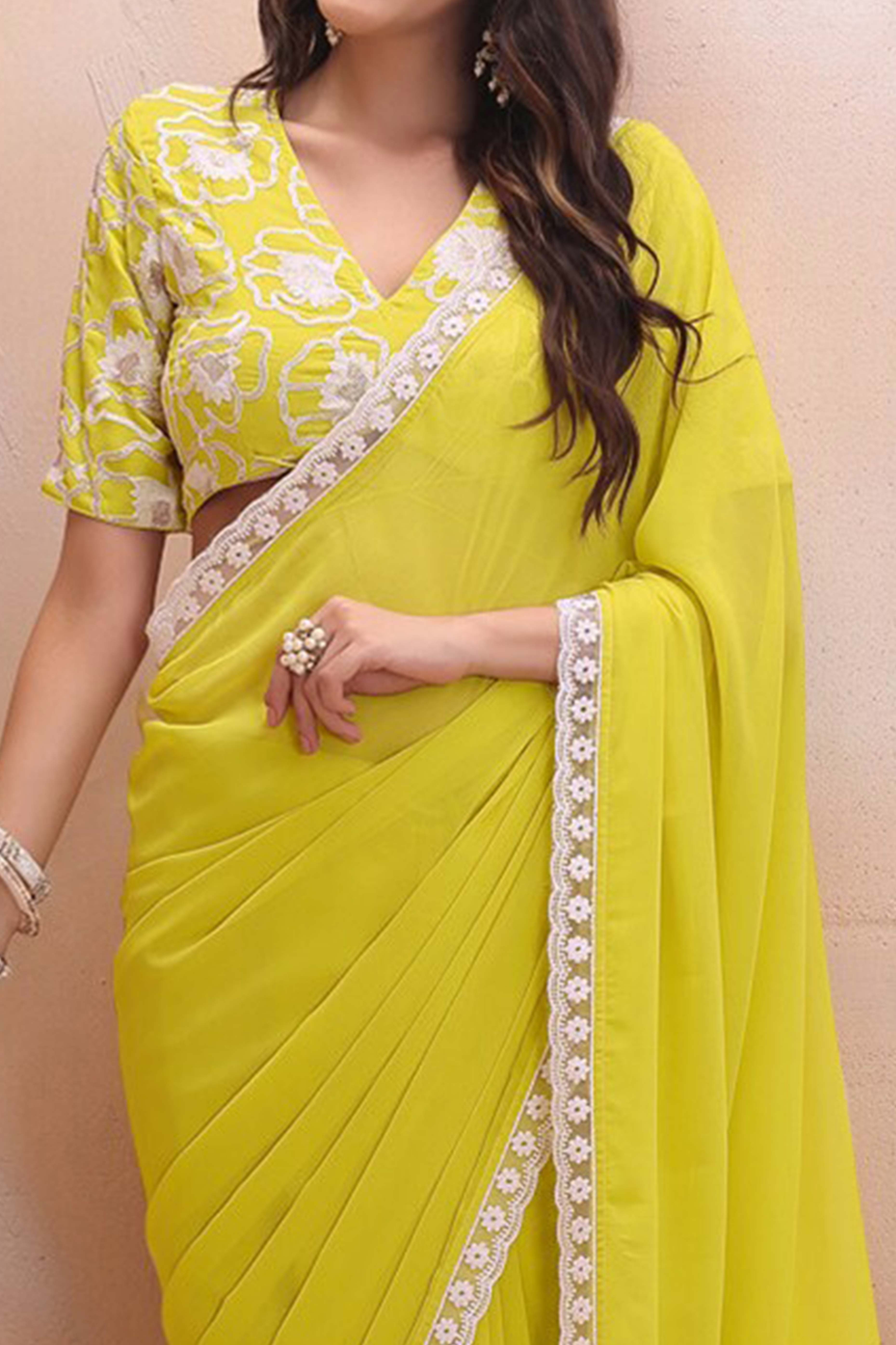 Lemon Yellow Solid Georgette Saree With Embroidered Border