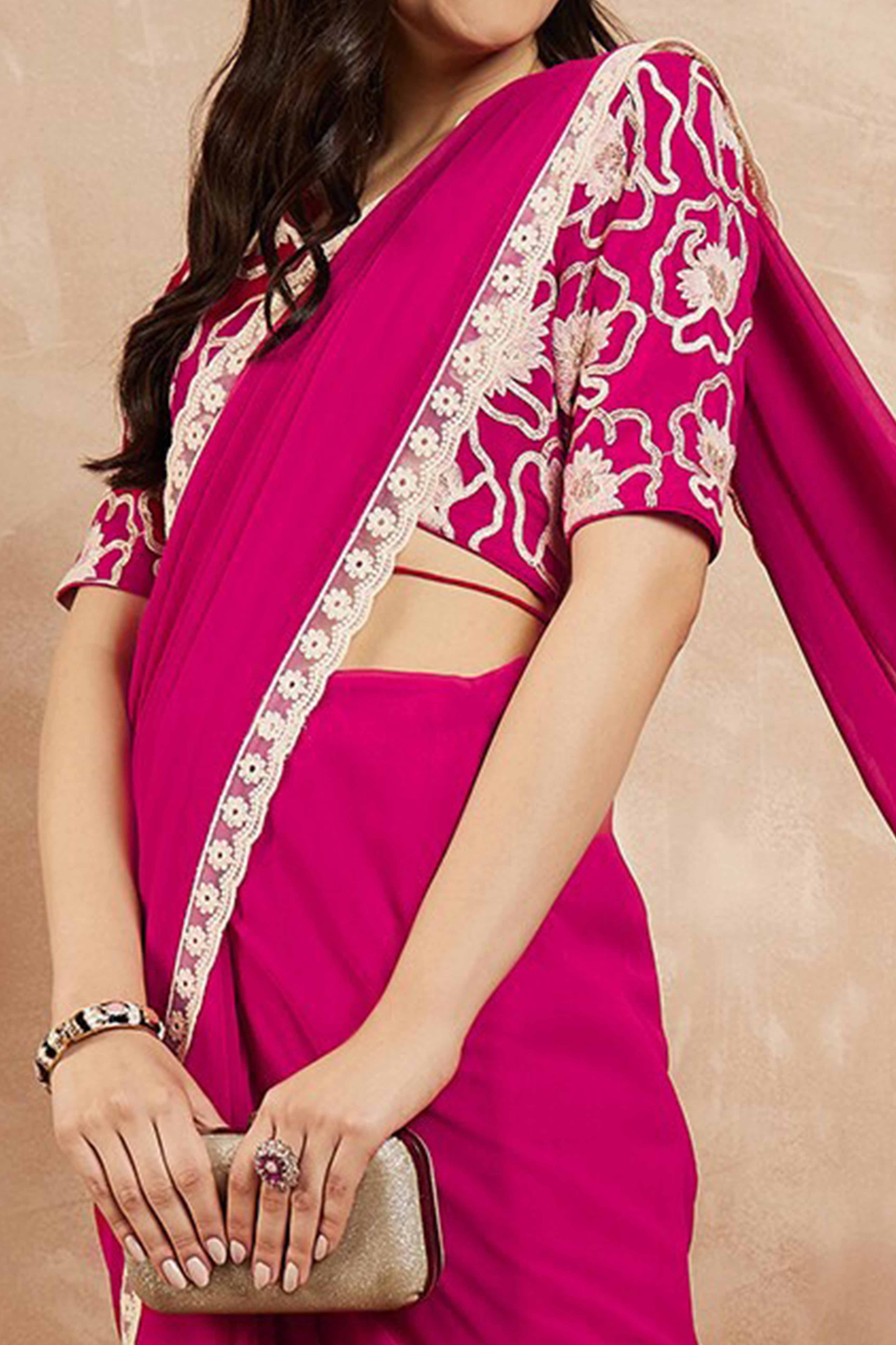 Pink Solid Georgette Saree With Embroidered Border