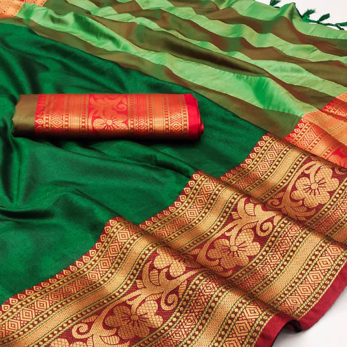 Bottle Green Floral Woven Cotton Silk Saree With Tassels