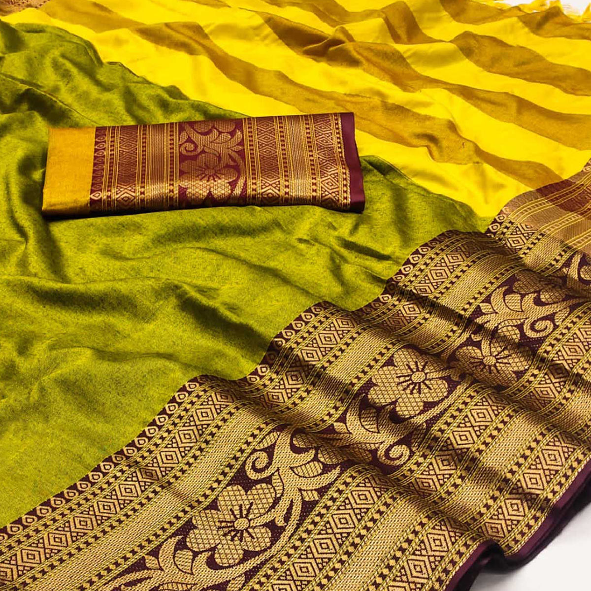 Lemon Green Floral Woven Cotton Silk Saree With Tassels