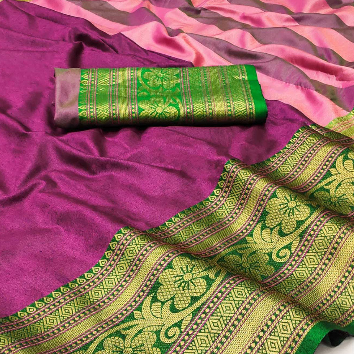 Magenta Floral Woven Cotton Silk Saree With Tassels
