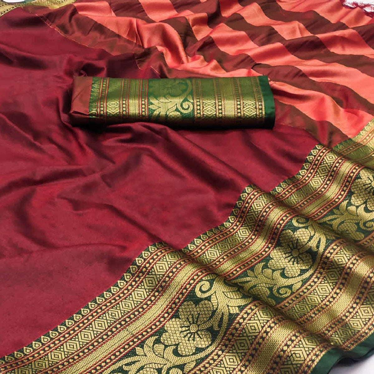 Maroon Floral Woven Cotton Silk Saree With Tassels