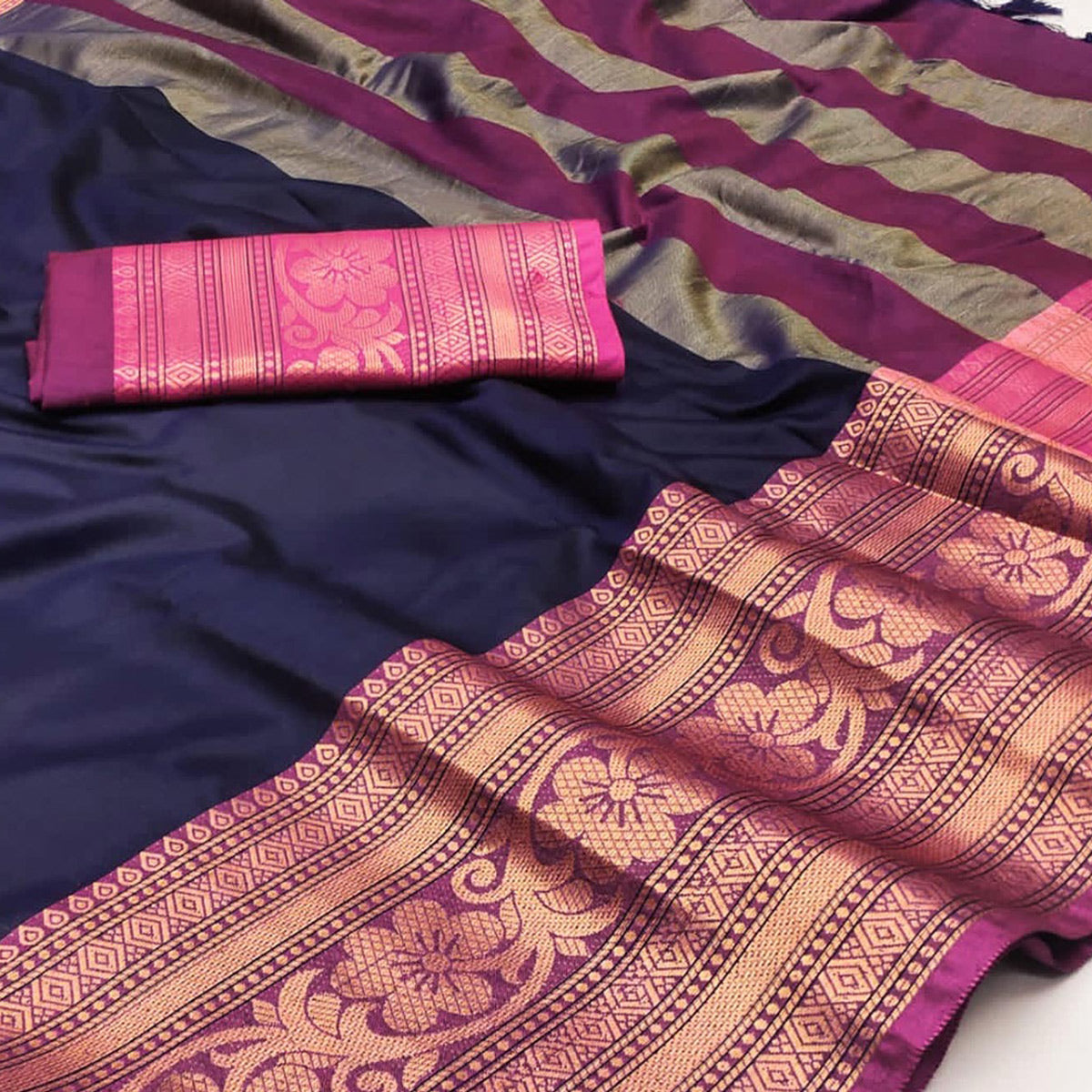 Navy Blue Floral Woven Cotton Silk Saree With Tassels