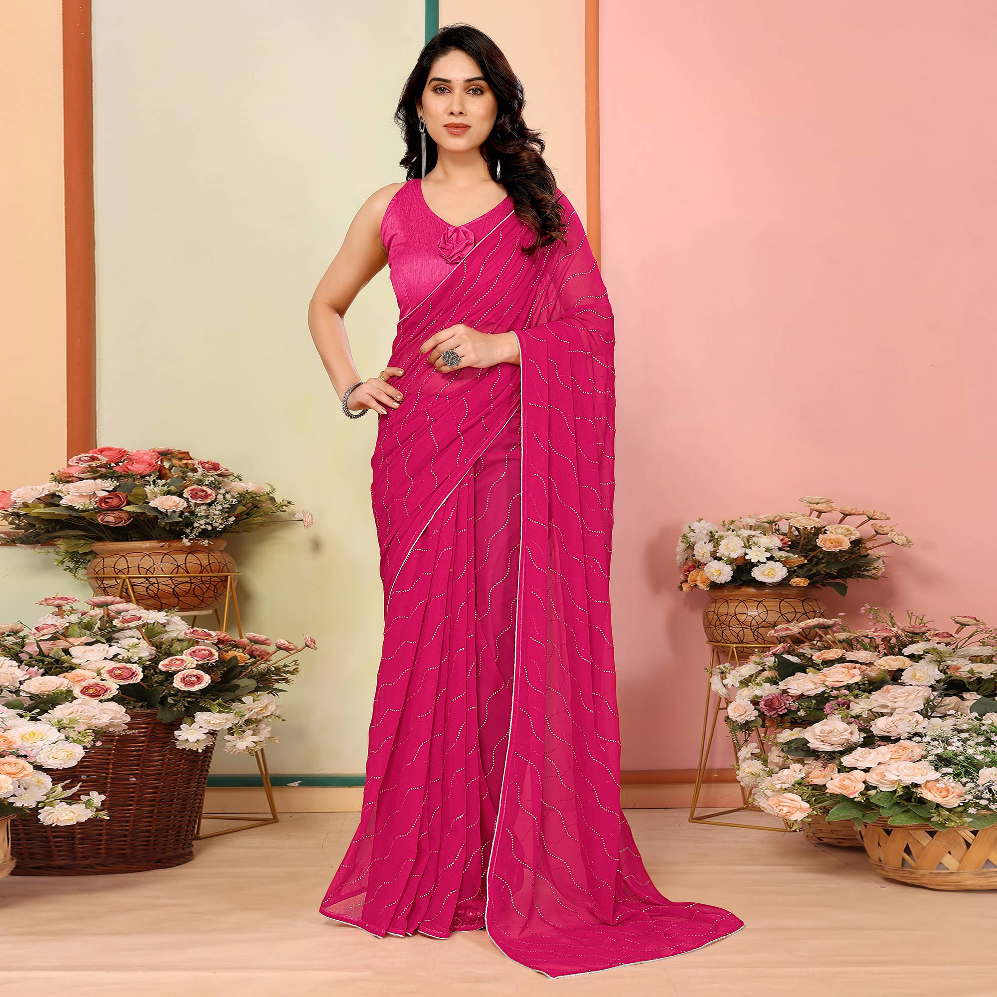 Pink Swarovski Work Embroidered Georgette Saree