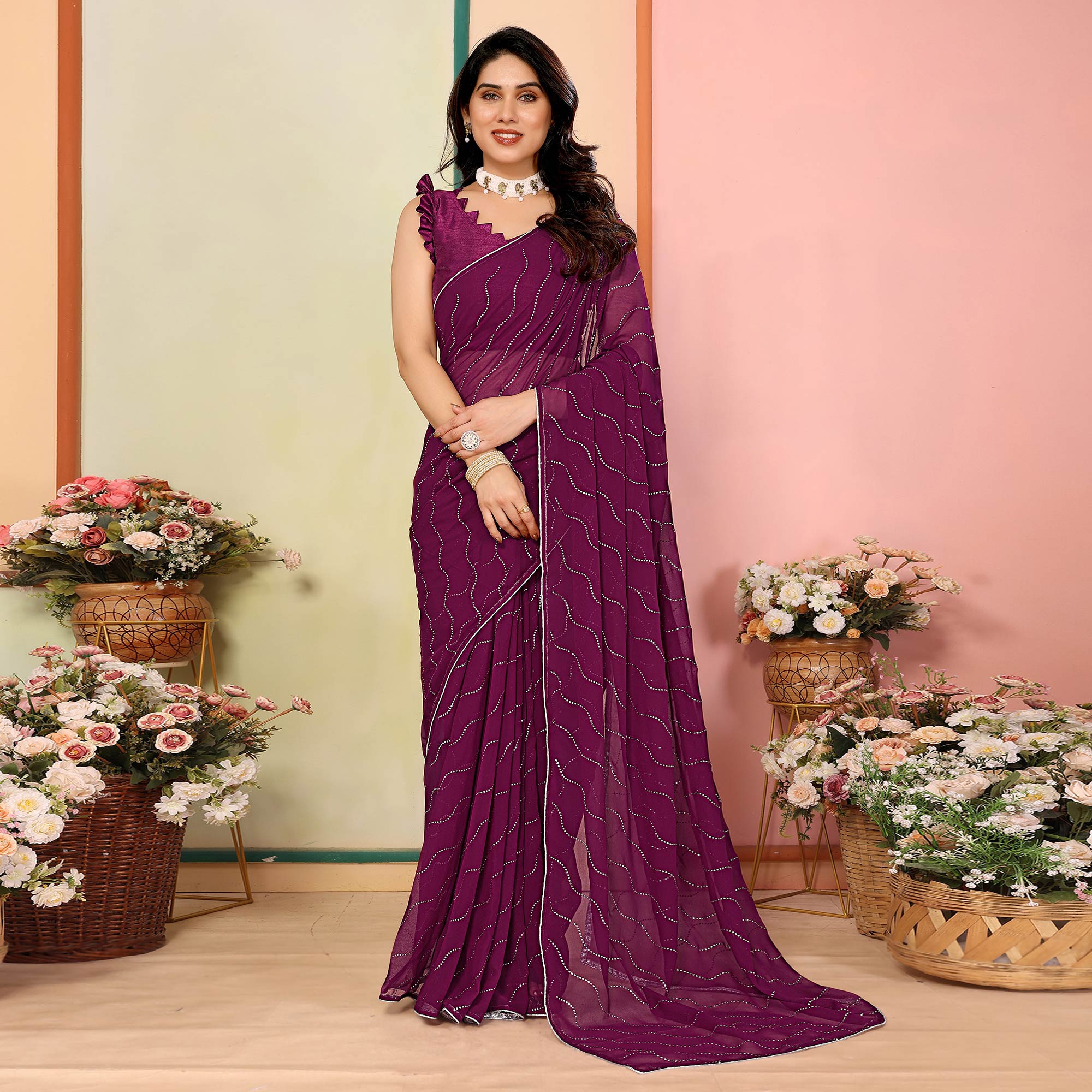Purple Swarovski Work Embroidered Georgette Saree