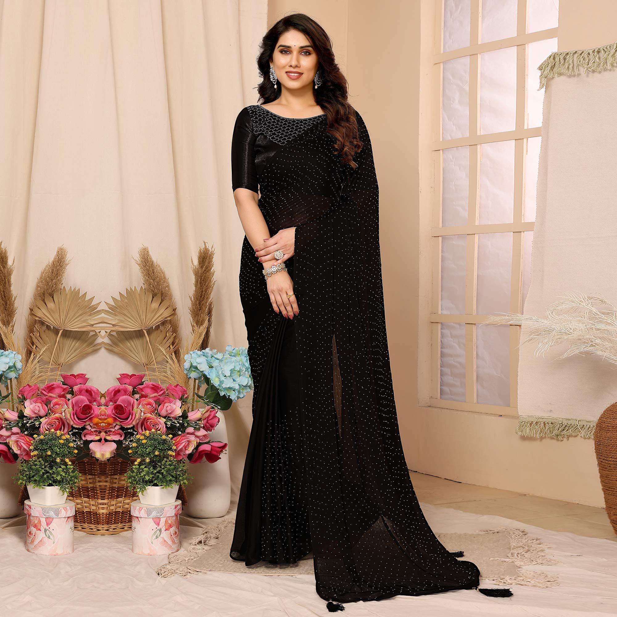 Black Swarovski Work Satin Chiffon Saree With Tassels