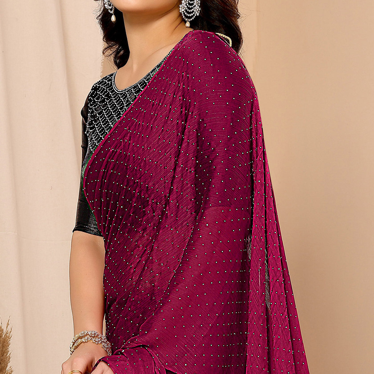 Pink Swarovski Work Satin Chiffon Saree With Tassels