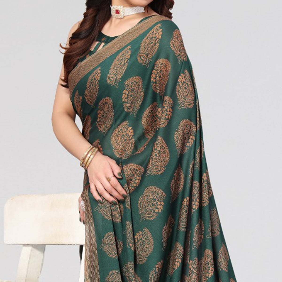 Bottle Green Floral Printed Satin Silk Saree