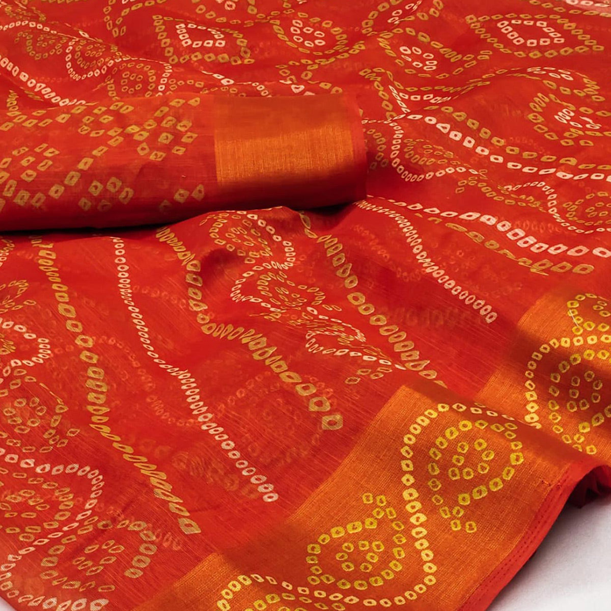 Orange Bandhani Printed Cotton Blend Saree