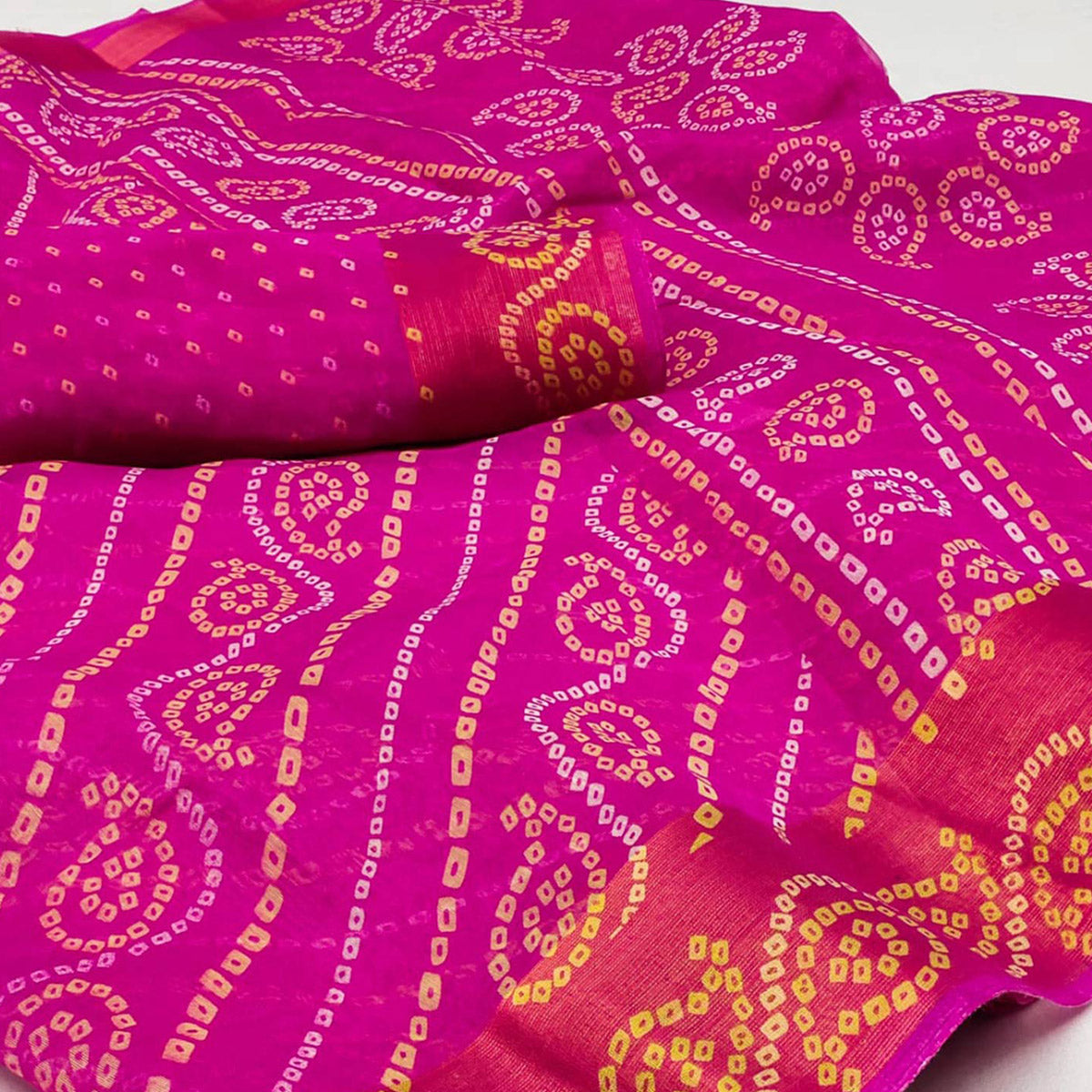 Pink Bandhani Printed Cotton Blend Saree