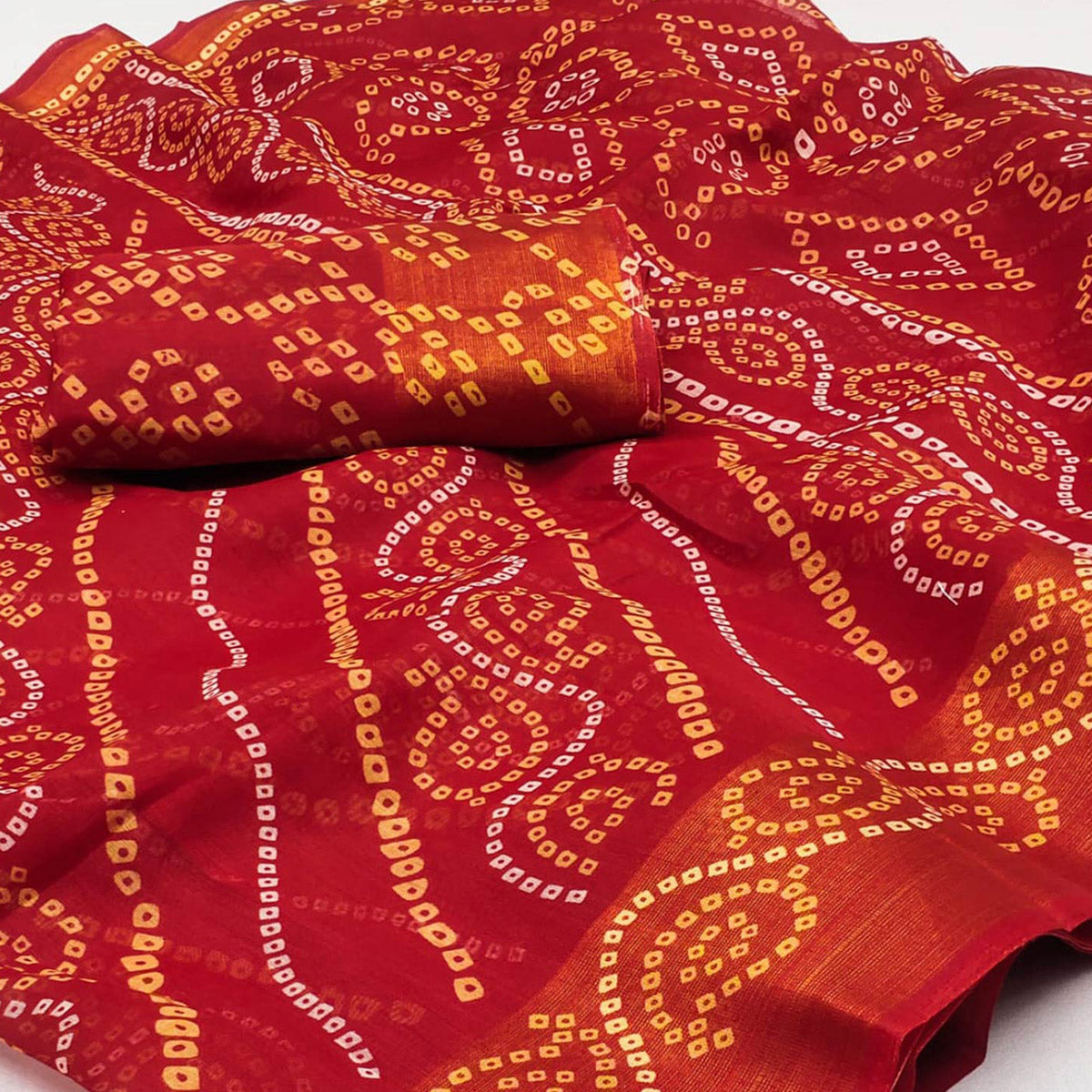 Red Bandhani Printed Cotton Blend Saree