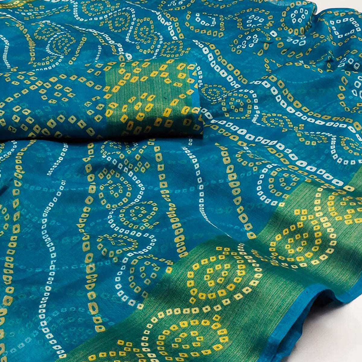 Teal Blue Bandhani Printed Cotton Blend Saree