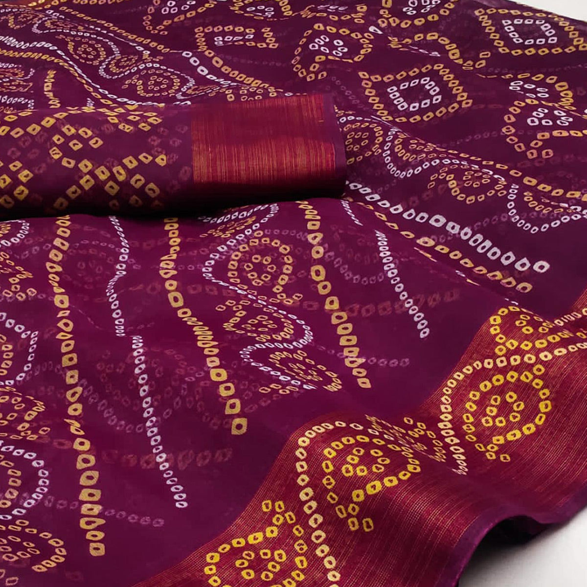 Wine Bandhani Printed Cotton Blend Saree