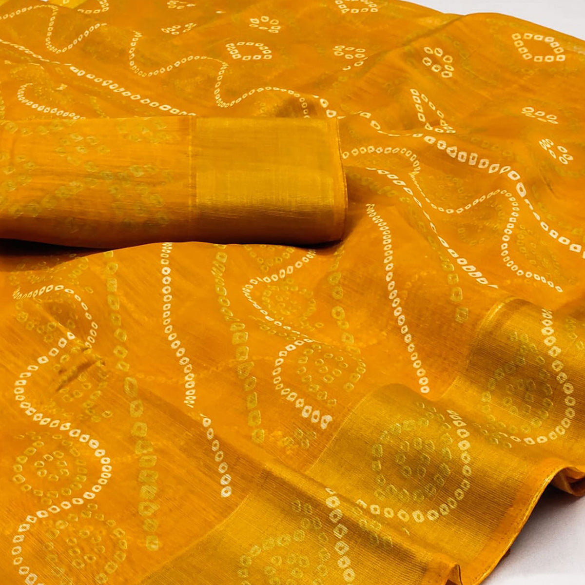 Yellow Bandhani Printed Cotton Blend Saree