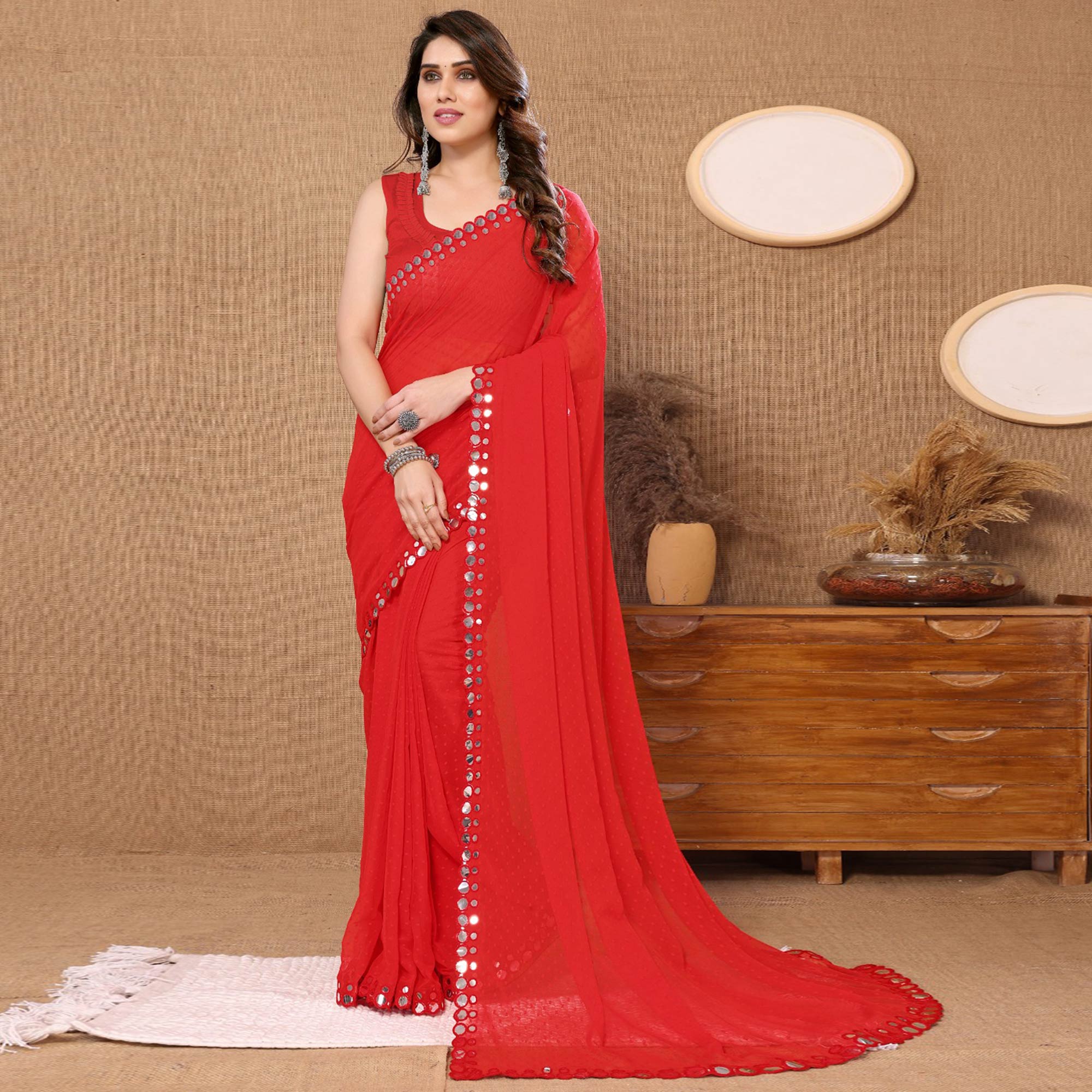 Red Embroidered Butti Work Georgette Saree