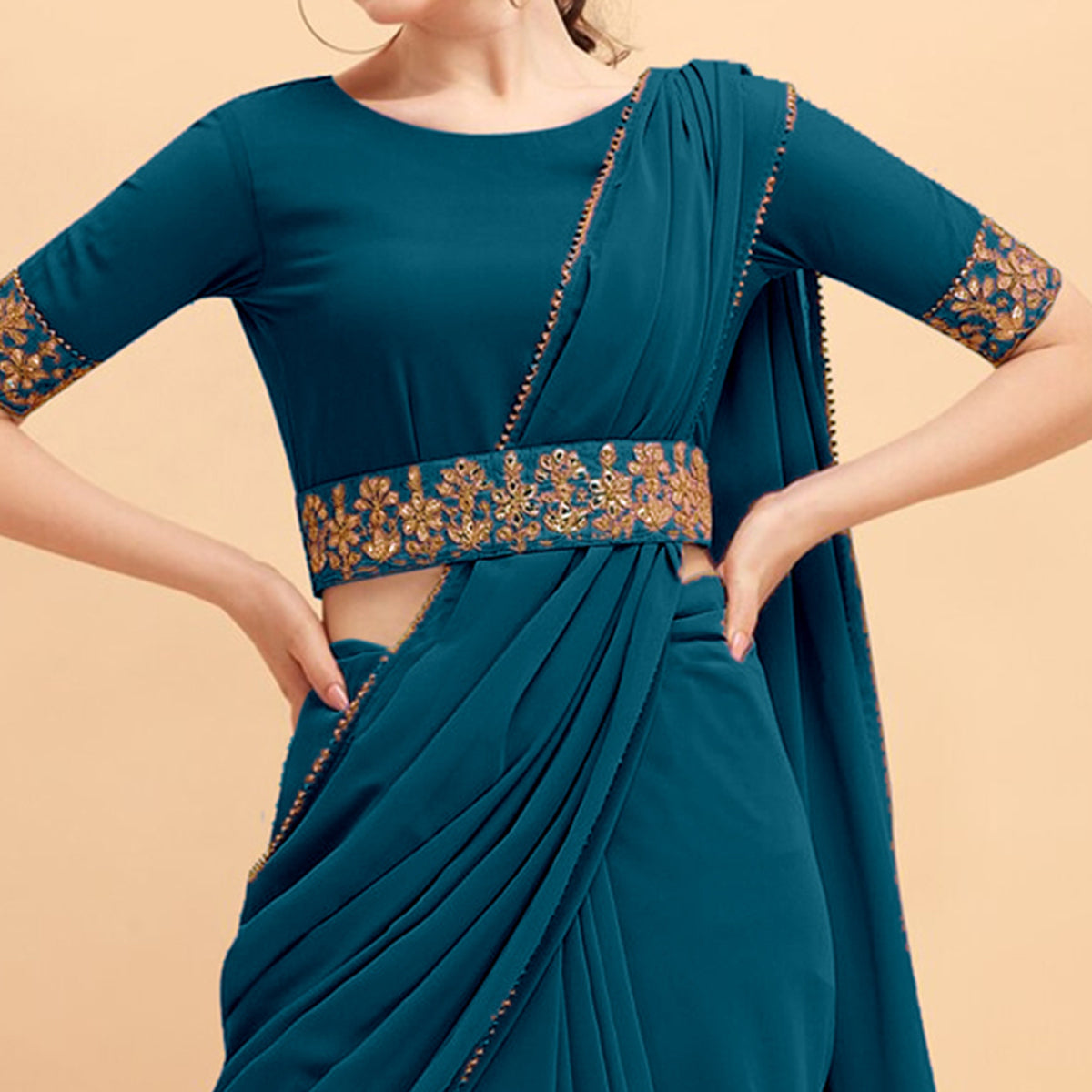 Morpich Solid Georgette Saree With Belt