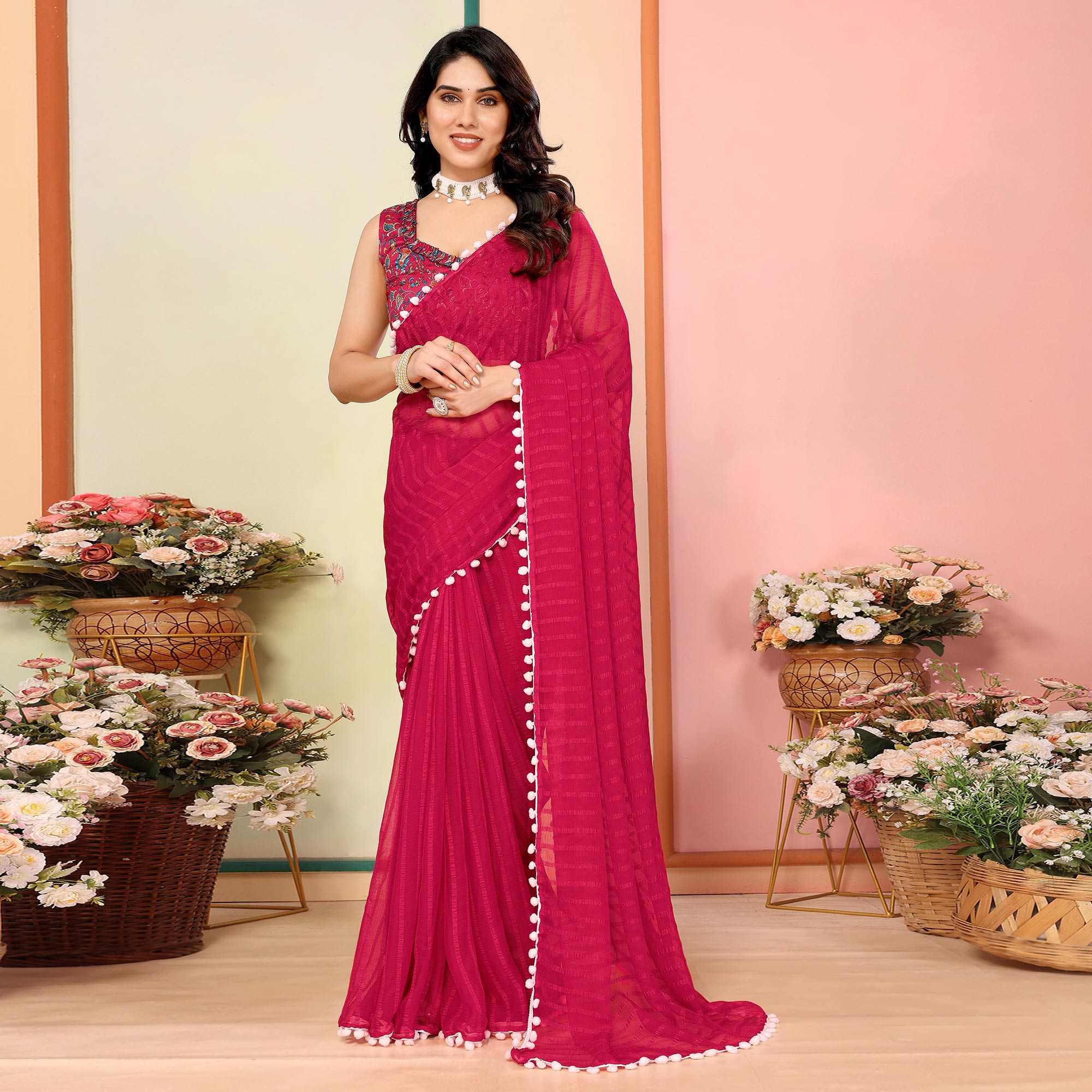 Pink Woven Striped Pattern Georgette Saree