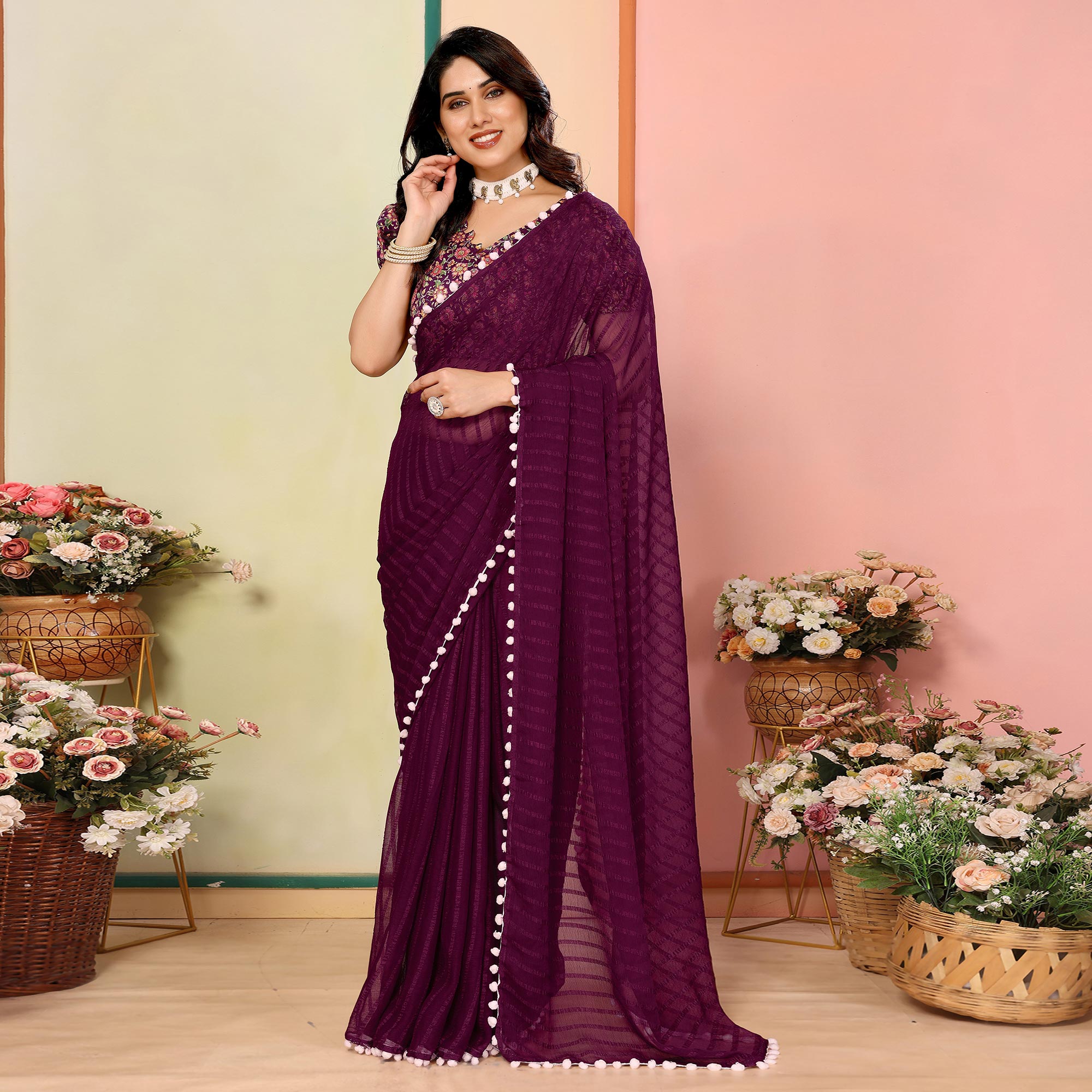 Purple Woven Striped Pattern Georgette Saree