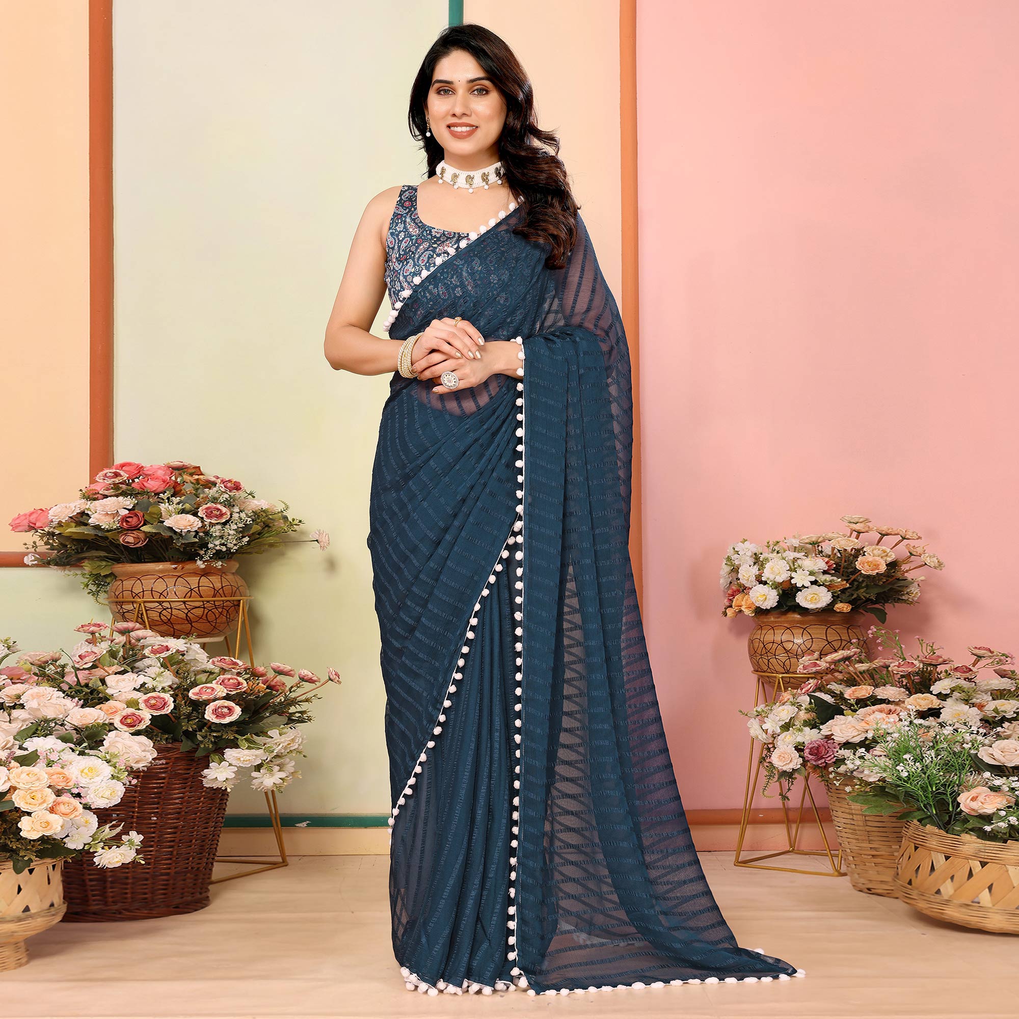 Teal Woven Striped Pattern Georgette Saree