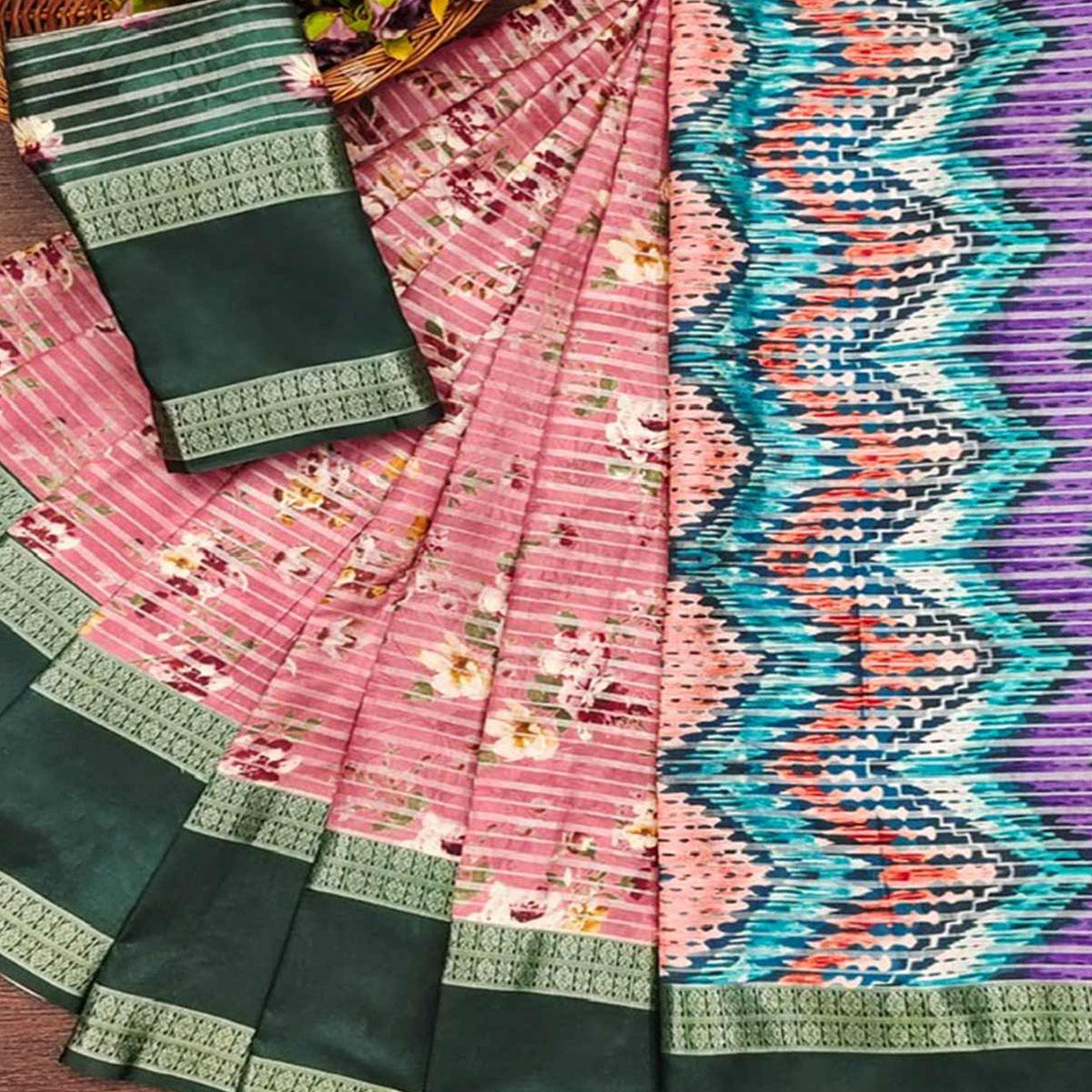 Baby Pink Floral Digital Printed Cotton Silk Saree