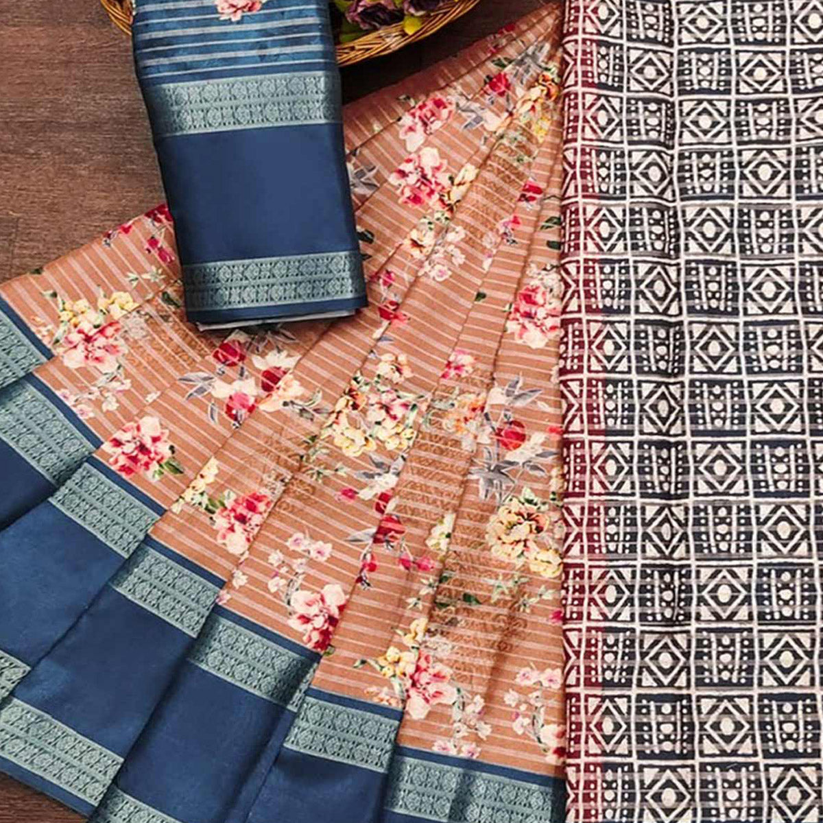 Peach Floral Digital Printed Cotton Silk Saree