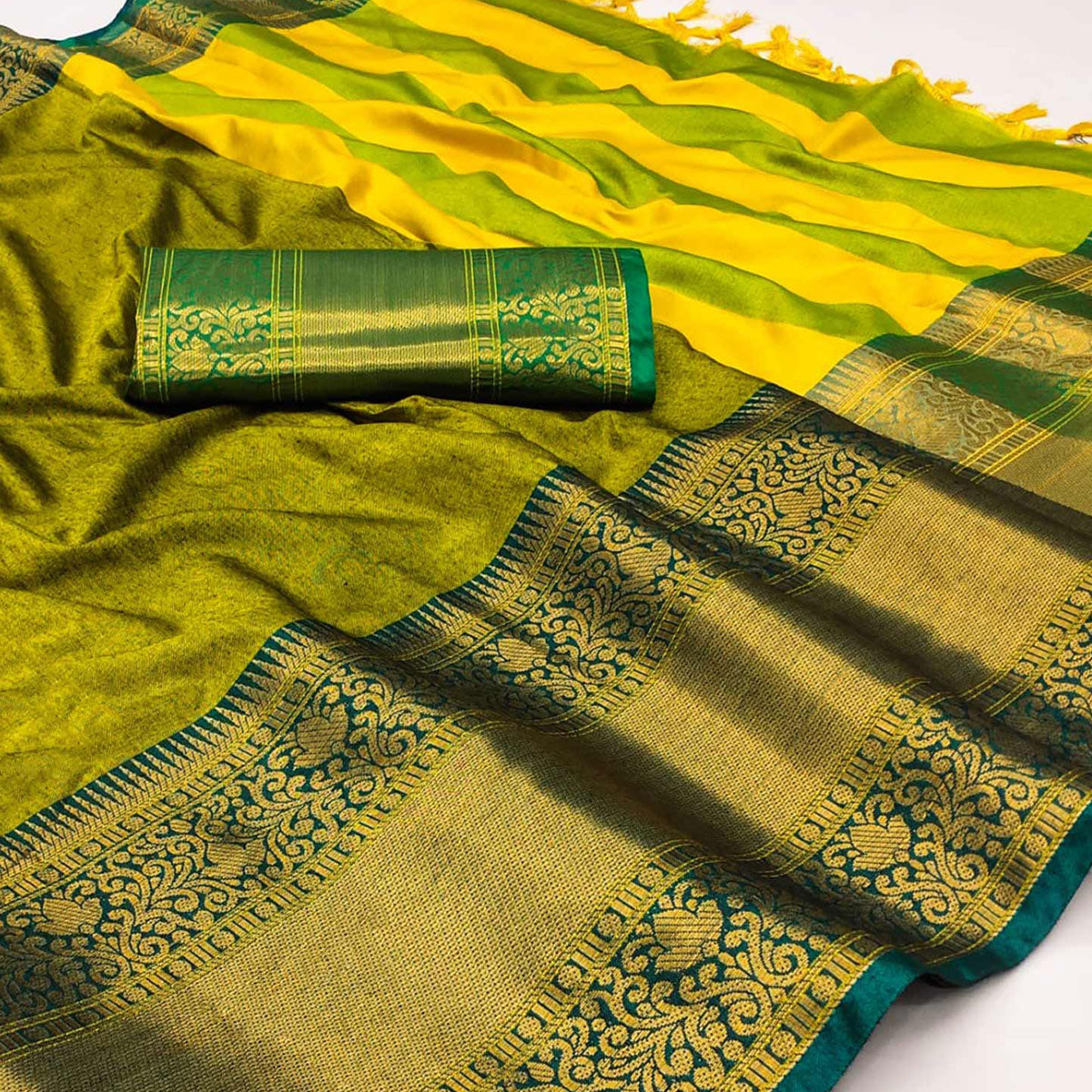 Lemon Green Woven Cotton Silk Saree With Tassels