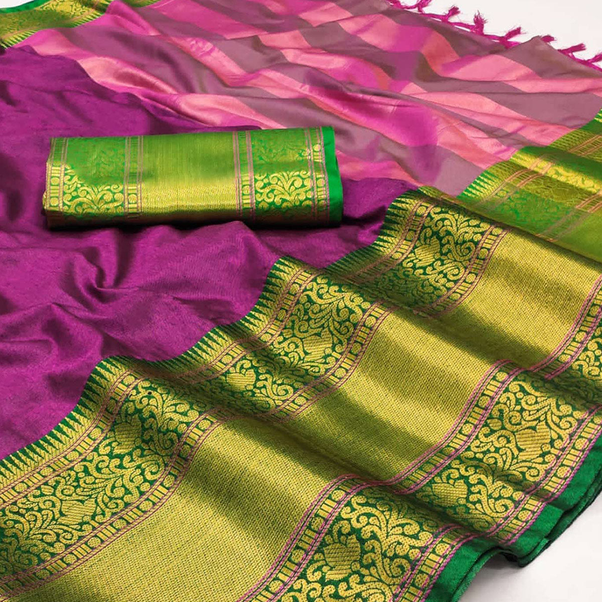 Magenta Woven Cotton Silk Saree With Tassels