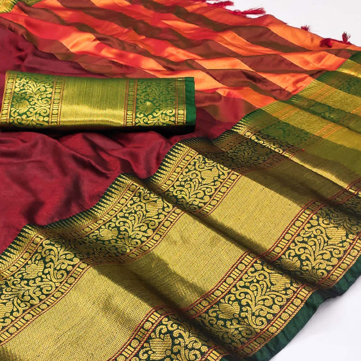 Maroon Woven Cotton Silk Saree With Tassels