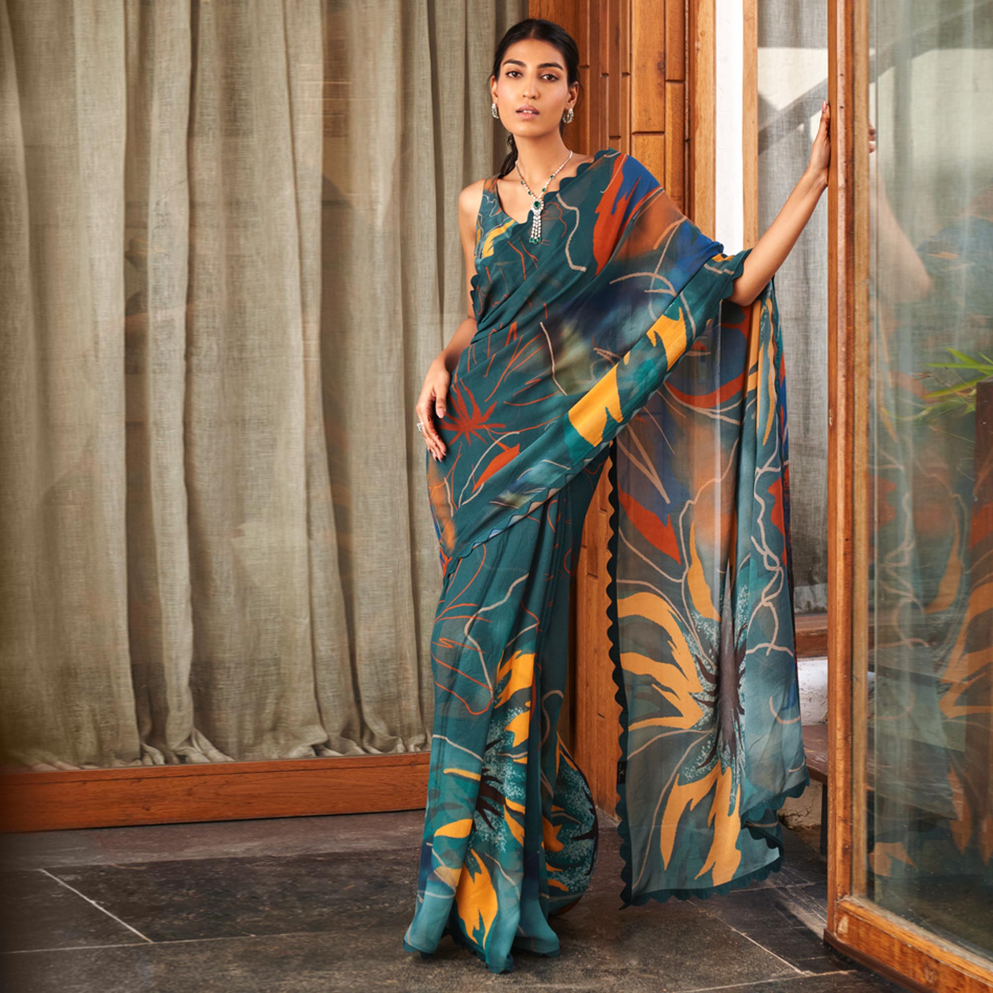 Teal Printed Moss Satin Saree