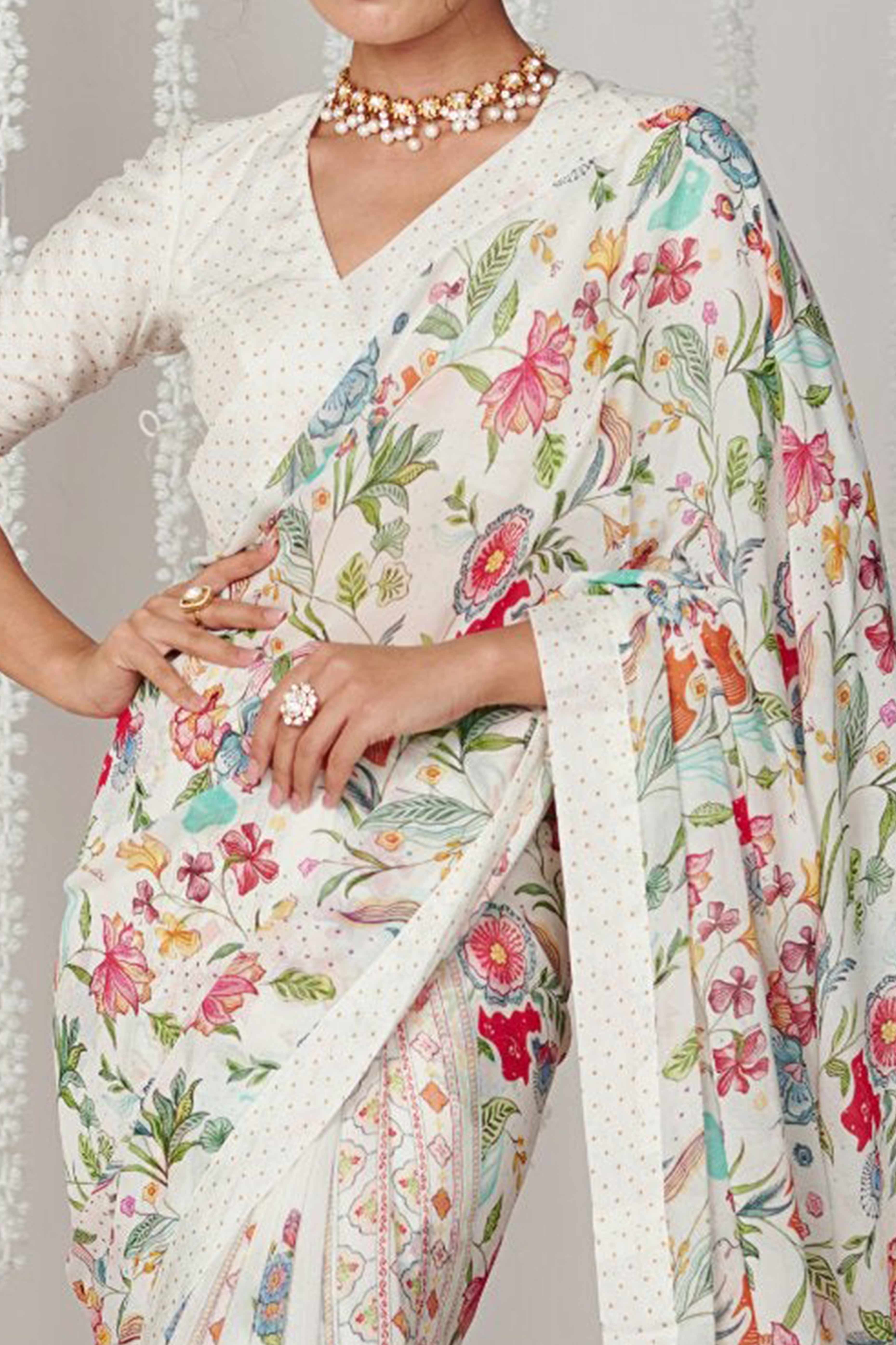 White Floral Digital Printed Moss Satin Saree