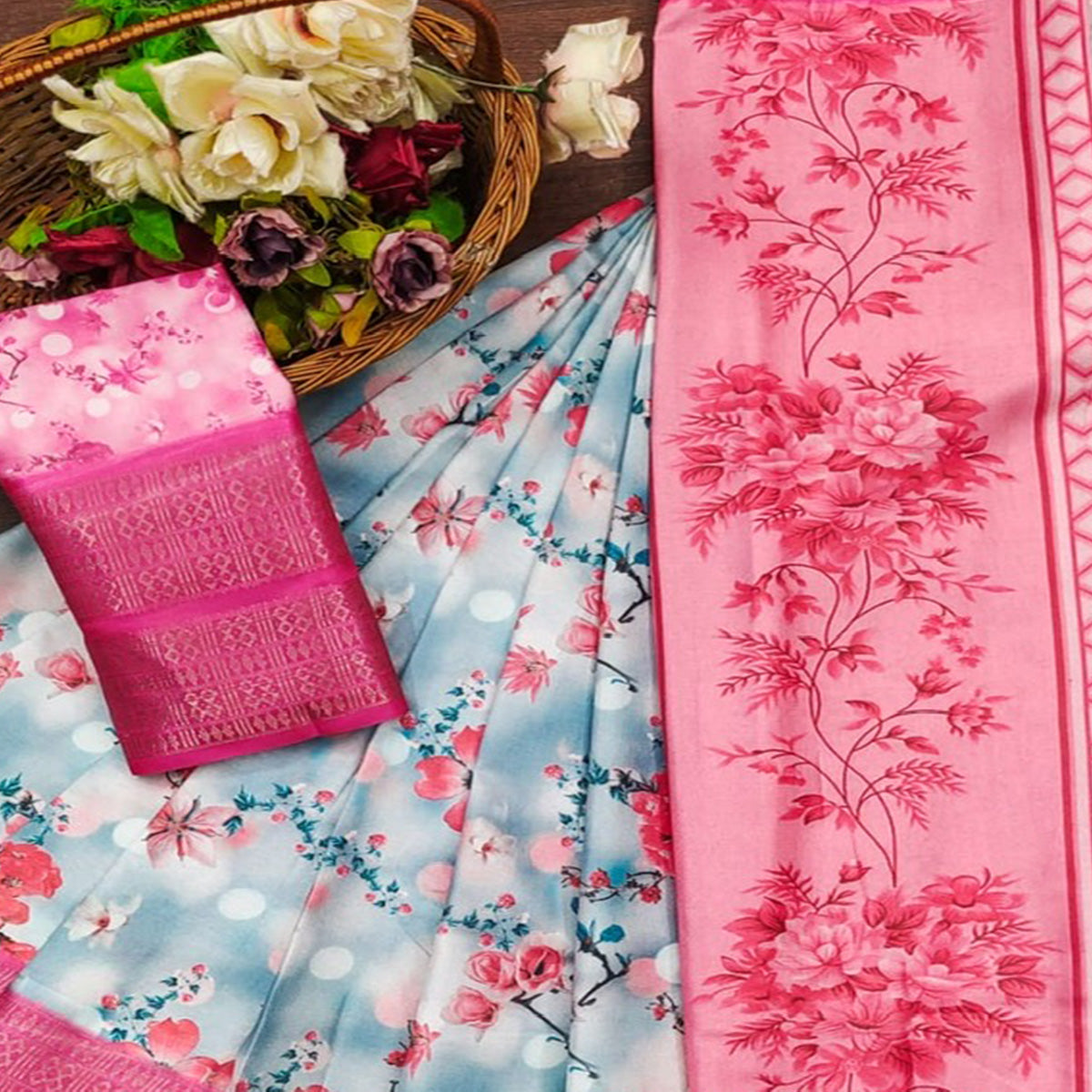 Blue Floral Digital Printed Cotton Silk Saree