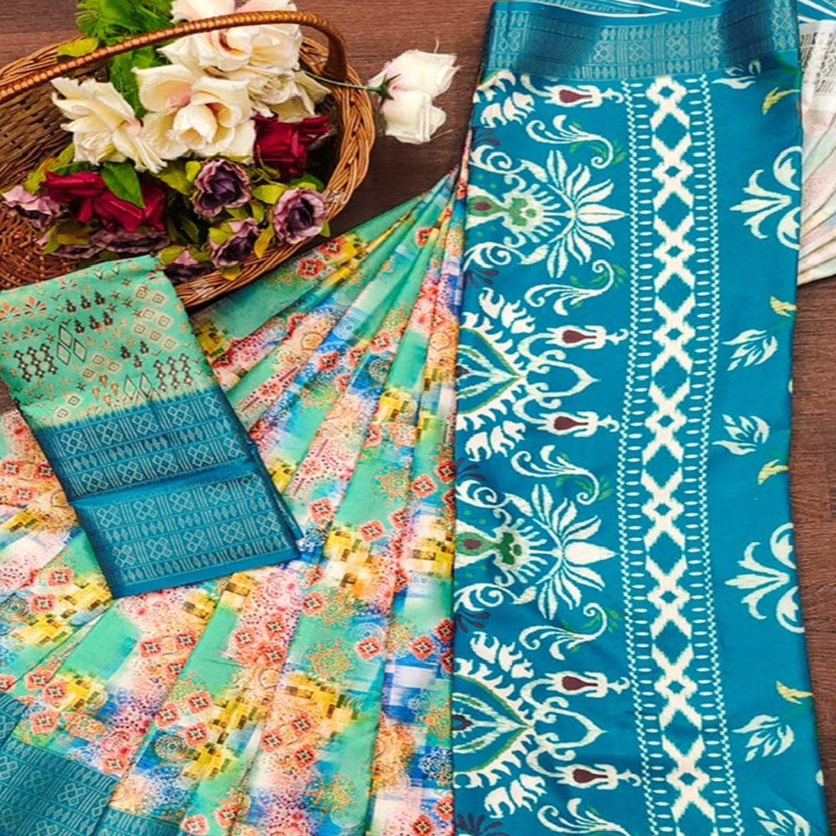 Teal Blue Floral Digital Printed Cotton Silk Saree