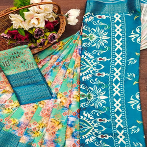 Teal Blue Floral Digital Printed Cotton Silk Saree