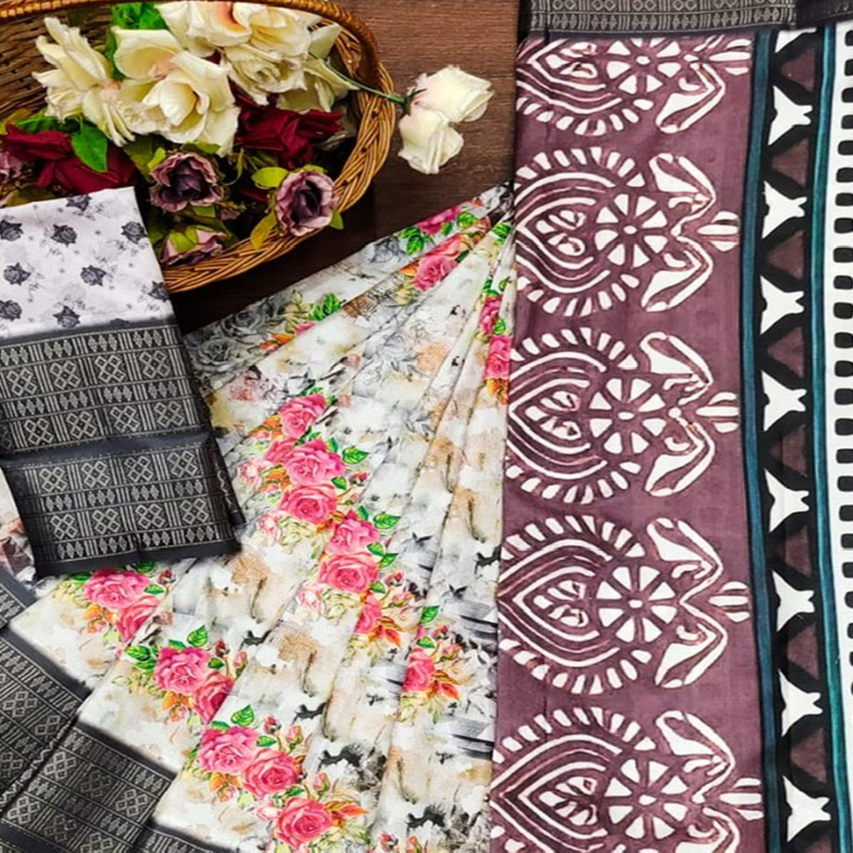 White & Black Floral Digital Printed Cotton Silk Saree