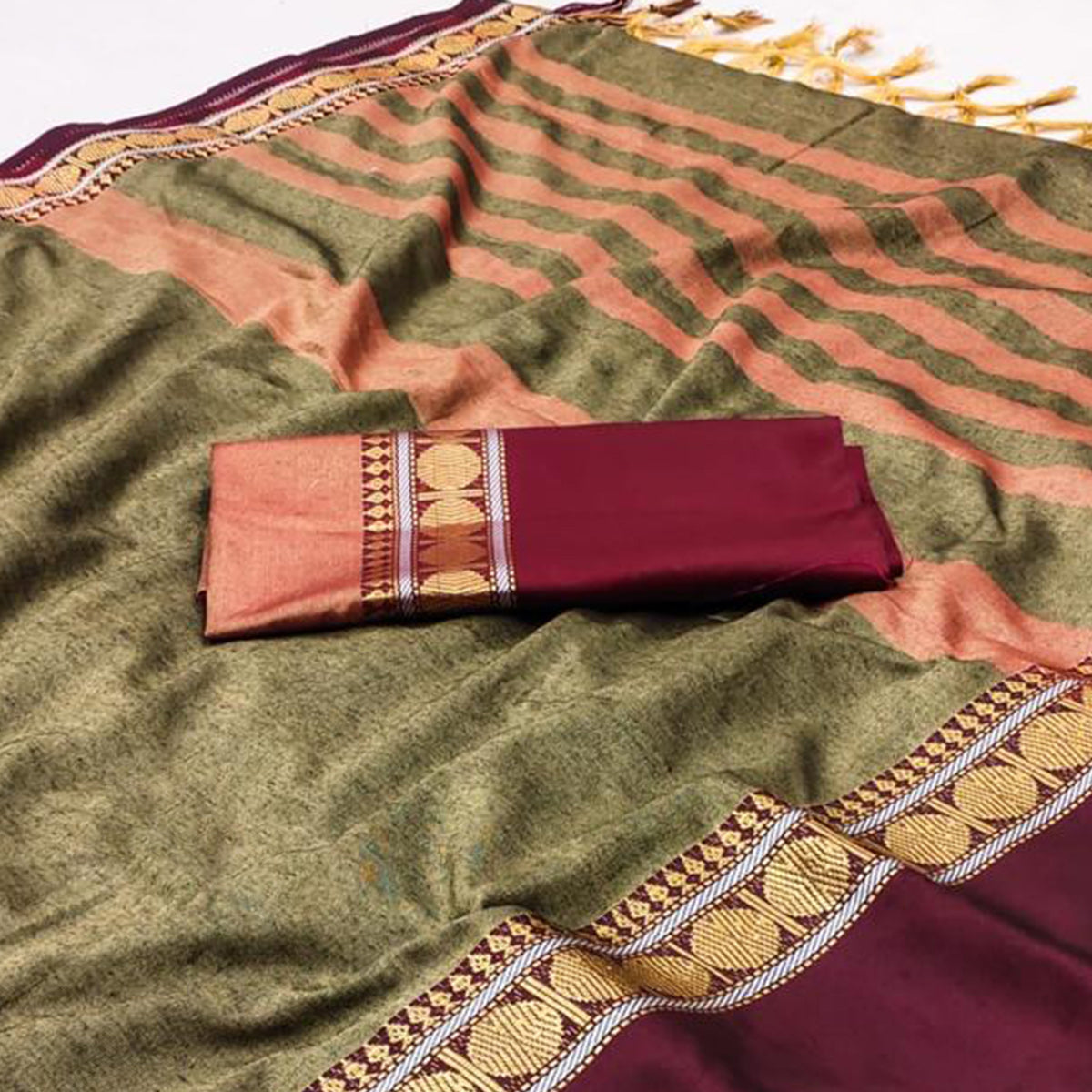 Chikoo Woven Cotton Silk Saree With Tassels