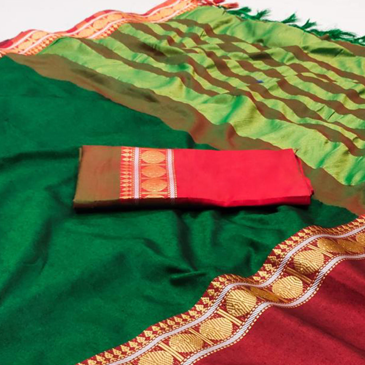 Dark Green Woven Cotton Silk Saree With Tassels