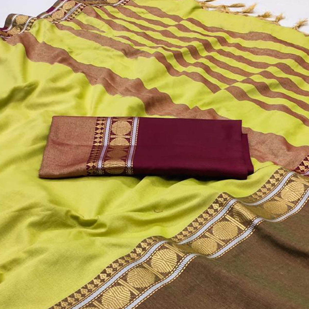 Light Green Woven Cotton Silk Saree With Tassels