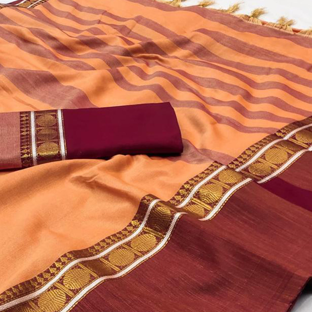 Light Orange Woven Cotton Silk Saree With Tassels