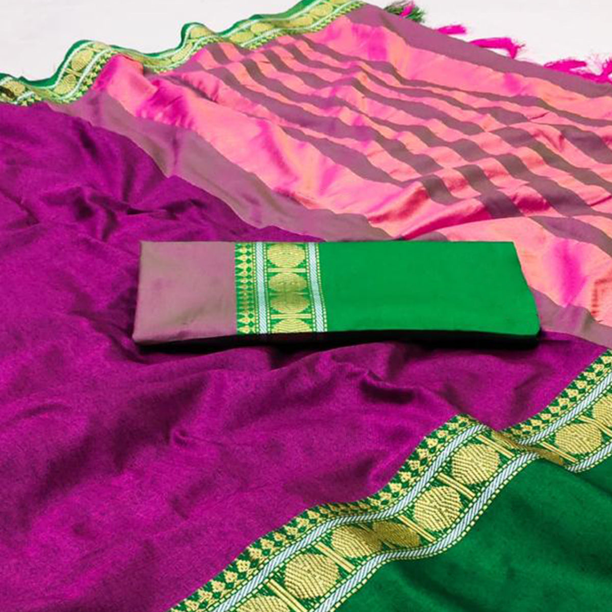 Magenta Woven Cotton Silk Saree With Tassels